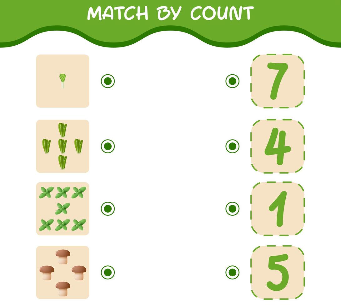 Match by count of cartoon vegetables. Match and count game. Educational game for pre shool years kids and toddlers vector