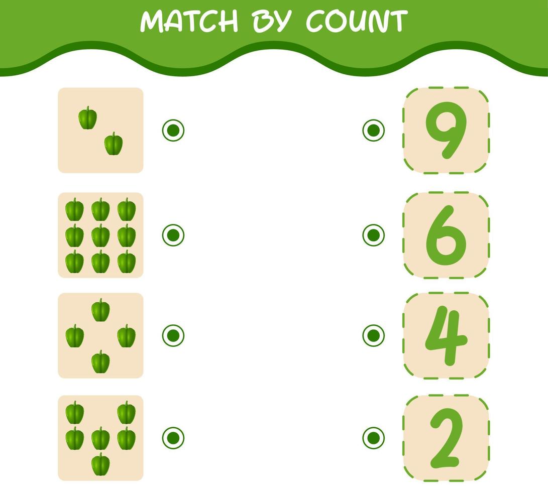 Match by count of cartoon bell pepper. Match and count game. Educational game for pre shool years kids and toddlers vector