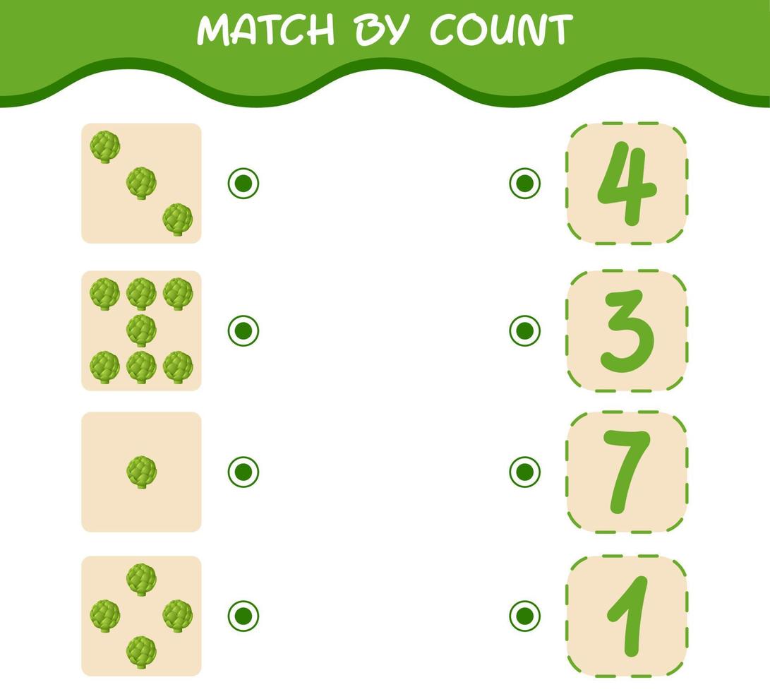 Match by count of cartoon artichoke. Match and count game. Educational game for pre shool years kids and toddlers vector