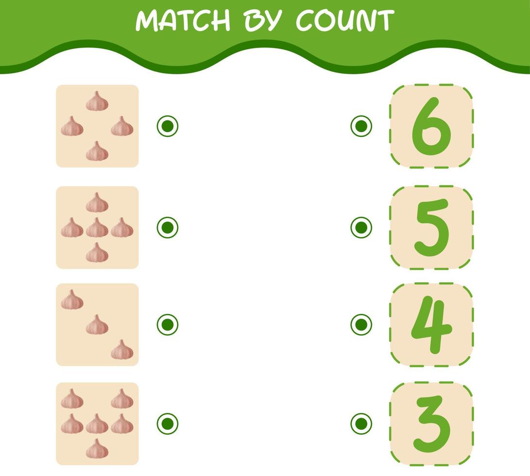 Match by count of cartoon garlic. Match and count game. Educational game for pre shool years kids and toddlers vector