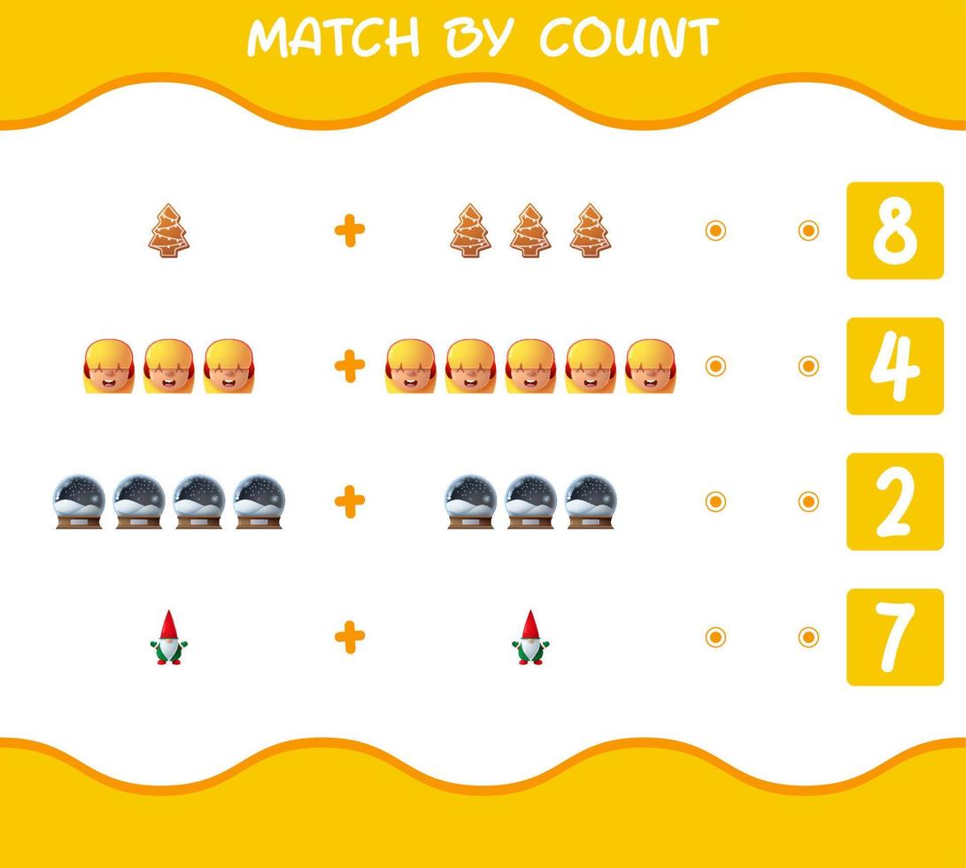 Match by count of cartoon christmas. . Match and count game. Educational game for pre shool years kids and toddlers vector