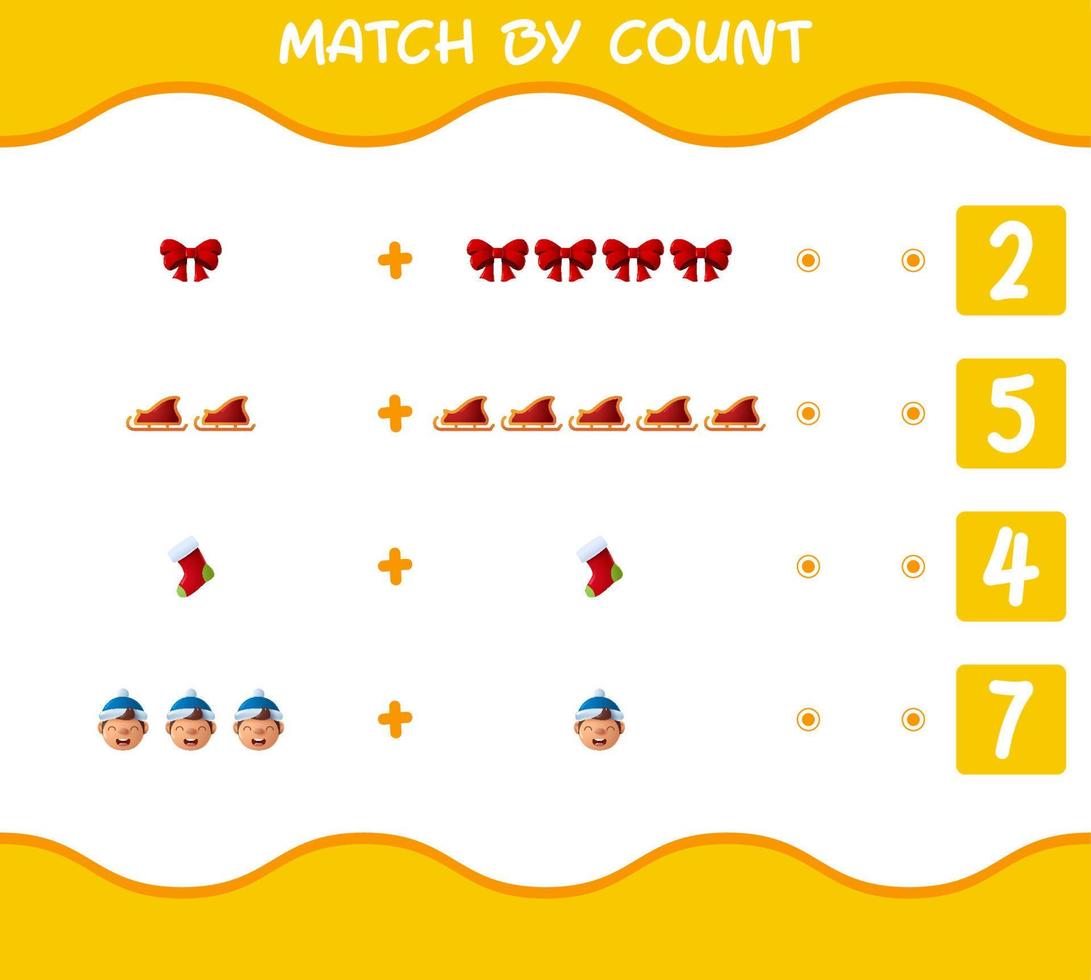 Match by count of cartoon christmas. . Match and count game. Educational game for pre shool years kids and toddlers vector