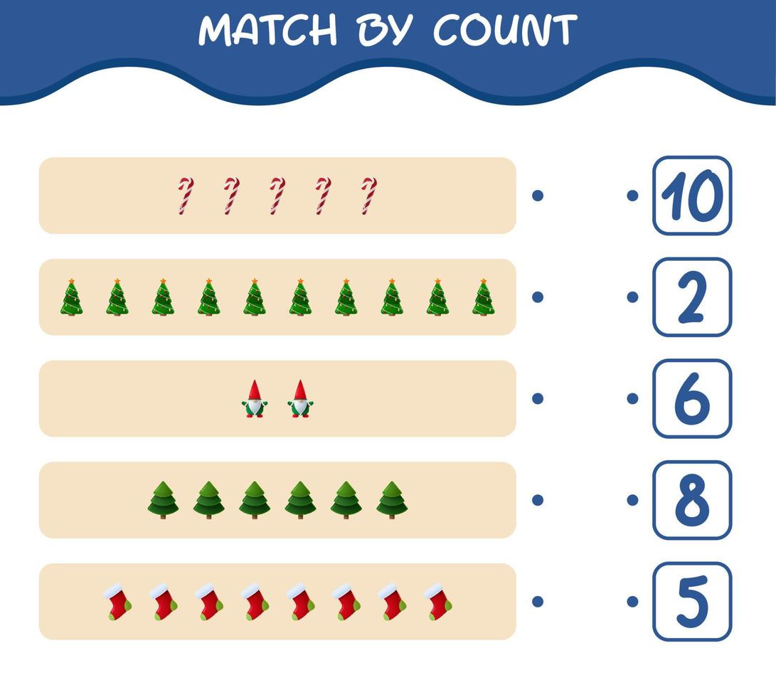 Match by count of cartoon christmas. . Match and count game. Educational game for pre shool years kids and toddlers vector