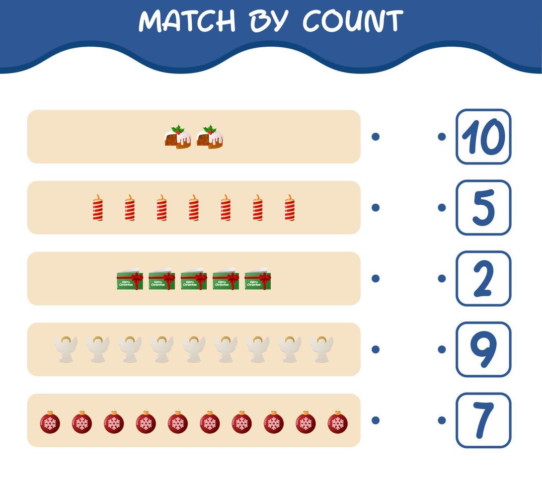 Match by count of cartoon christmas. . Match and count game. Educational game for pre shool years kids and toddlers vector