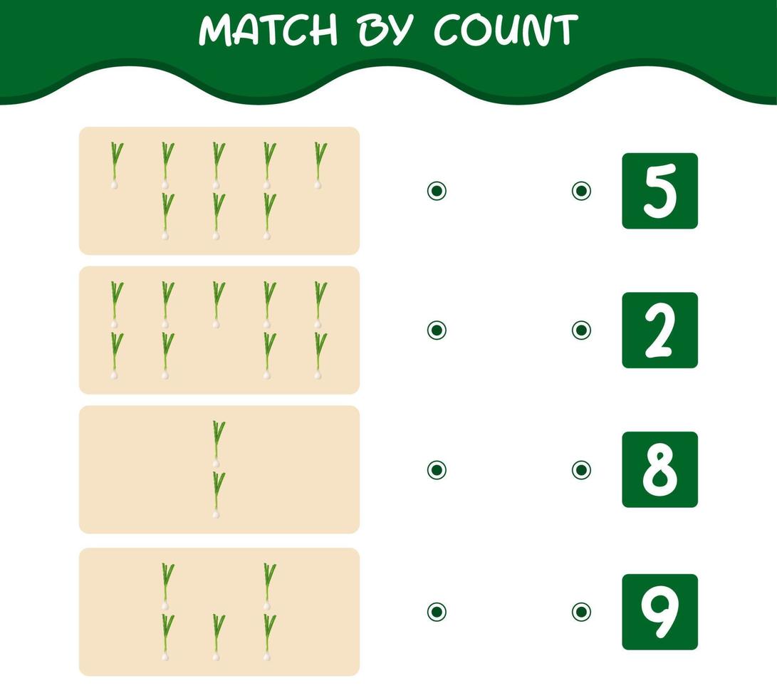 Match by count of cartoon spring onion. Match and count game. Educational game for pre shool years kids and toddlers vector