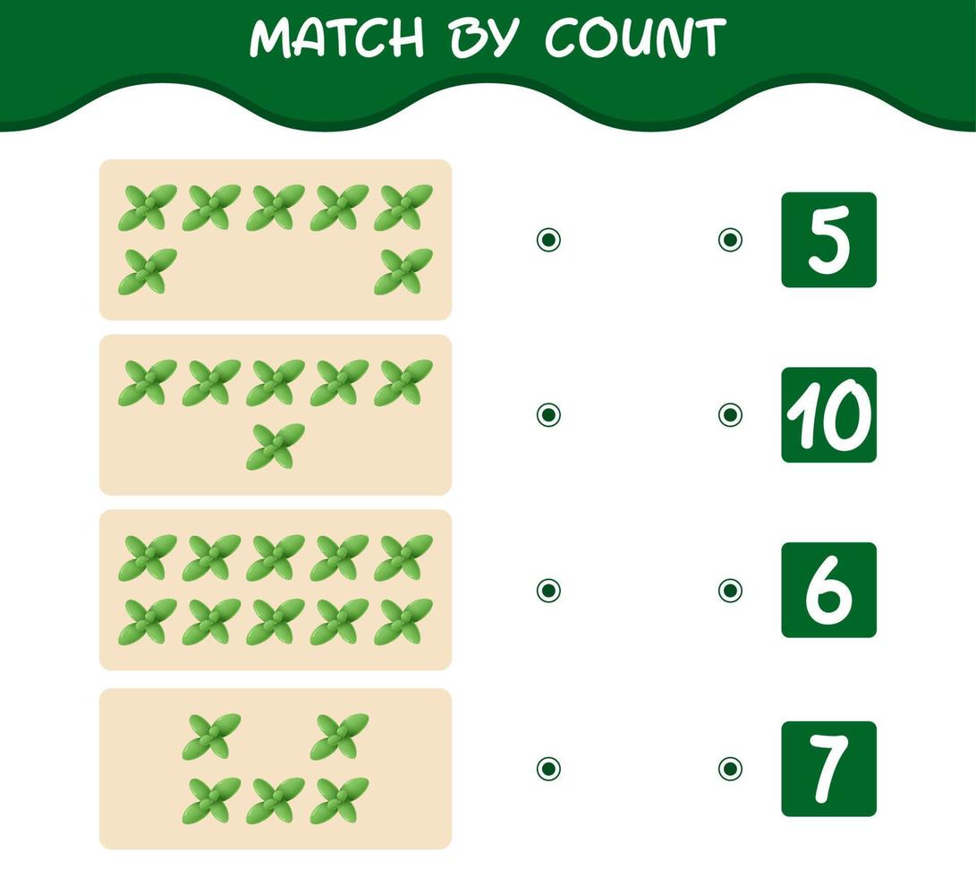 Match by count of cartoon mint leaf. Match and count game. Educational game for pre shool years kids and toddlers vector