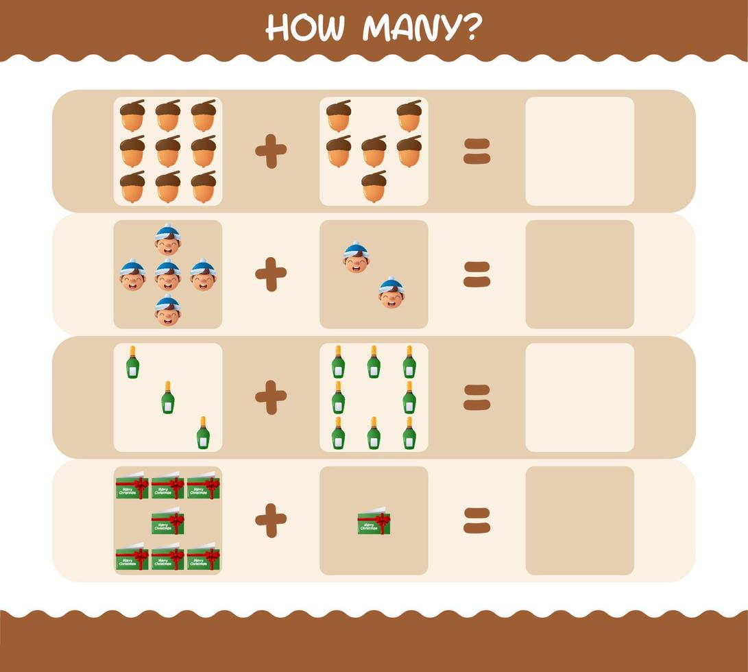 How many cartoon christmas. Counting game. Educational game for pre shool years kids and toddlers vector