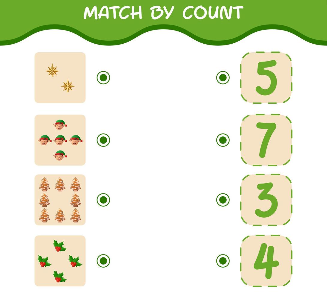 Match by count of cartoon christmas. . Match and count game. Educational game for pre shool years kids and toddlers vector