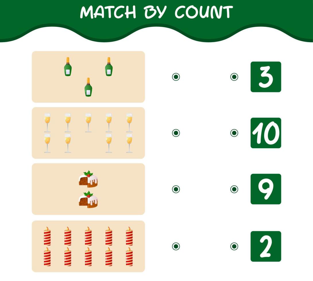 Match by count of cartoon christmas. . Match and count game. Educational game for pre shool years kids and toddlers vector