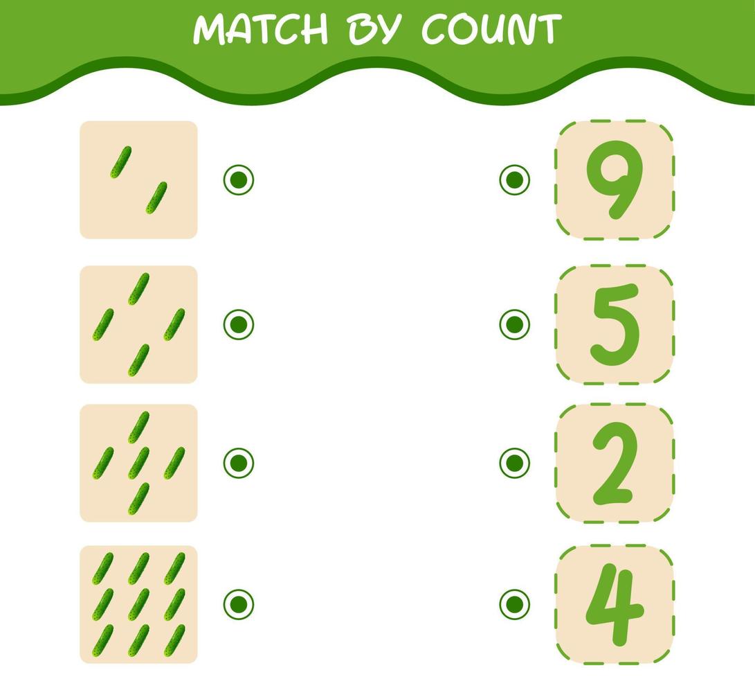 Match by count of cartoon cucumber. Match and count game. Educational game for pre shool years kids and toddlers vector