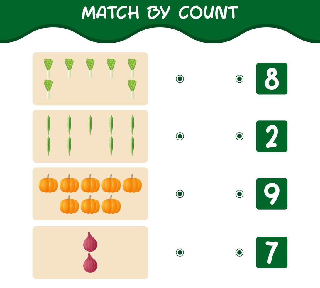 Match by count of cartoon vegetables. Match and count game. Educational game for pre shool years kids and toddlers vector