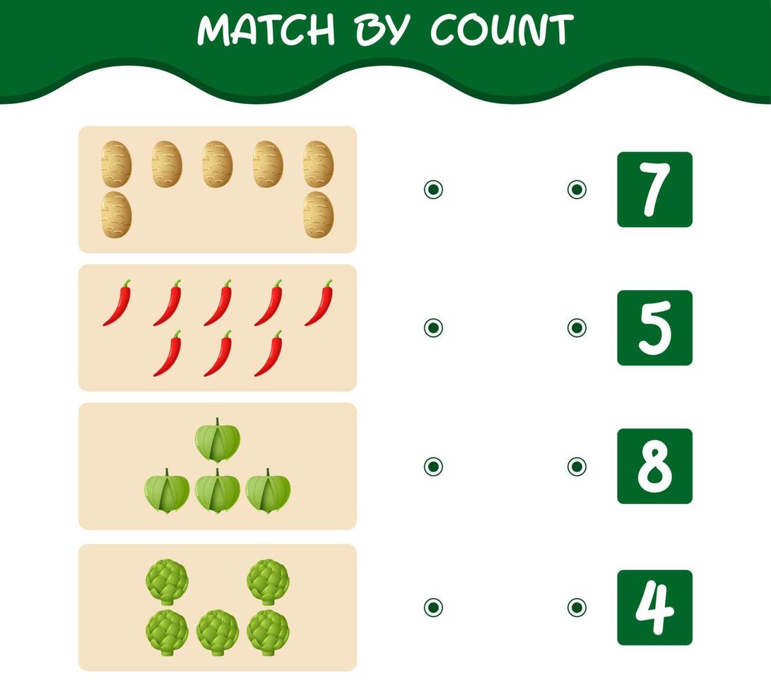 Match by count of cartoon vegetables. Match and count game. Educational game for pre shool years kids and toddlers vector