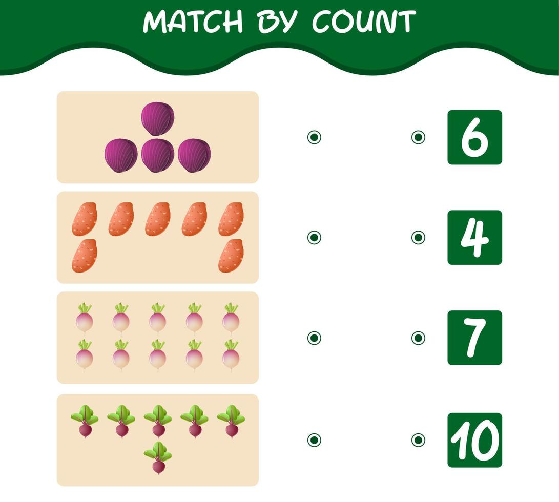 Match by count of cartoon vegetables. Match and count game. Educational game for pre shool years kids and toddlers vector