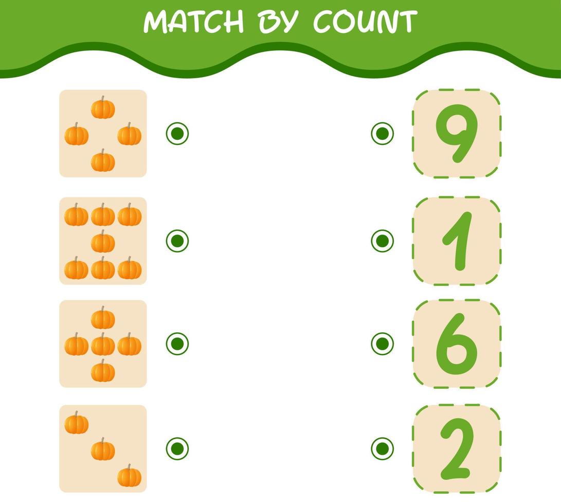 Match by count of cartoon pumpkin. Match and count game. Educational game for pre shool years kids and toddlers vector