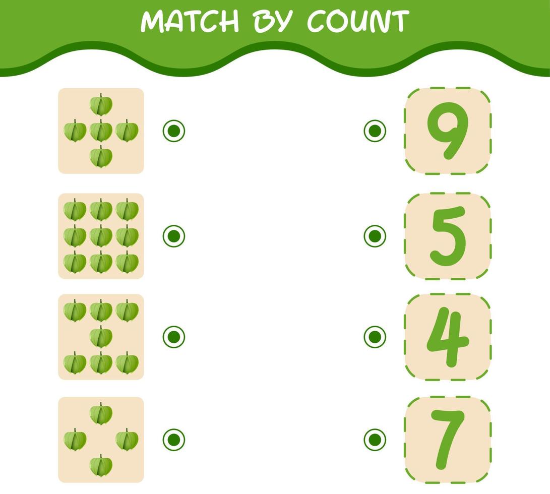 Match by count of cartoon tomatillo. Match and count game. Educational game for pre shool years kids and toddlers vector