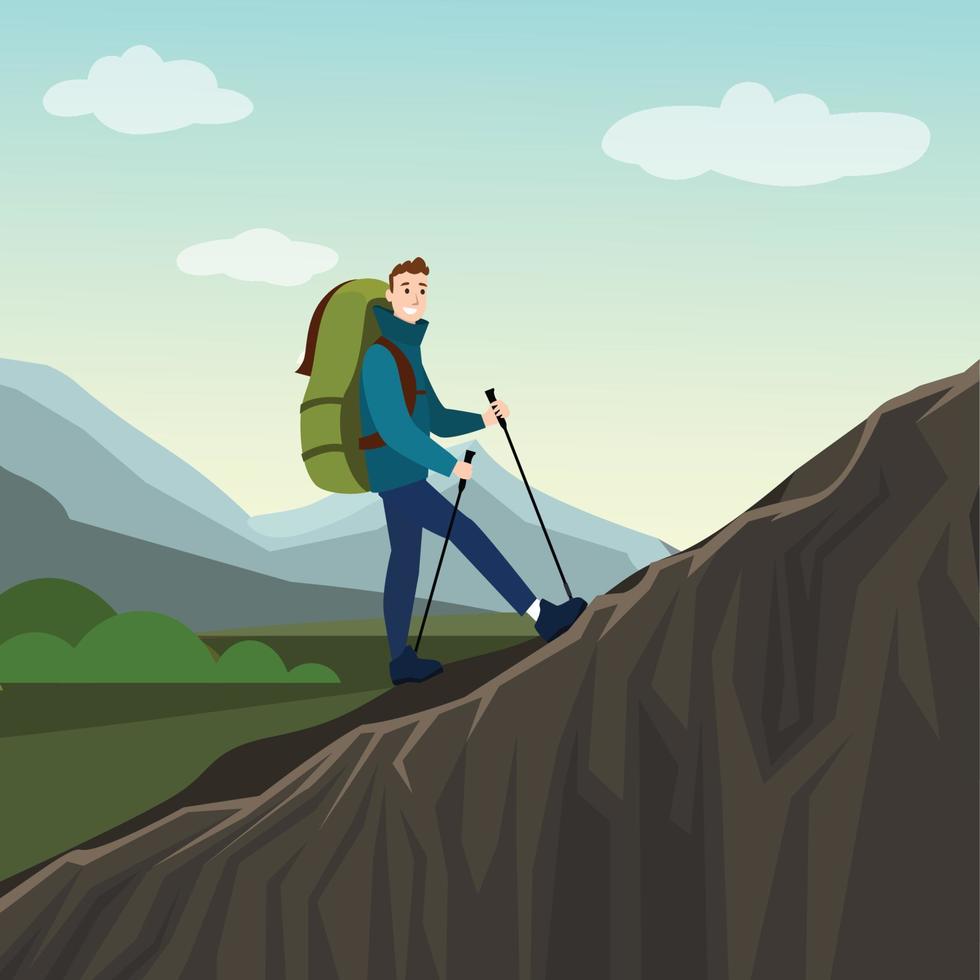 Man with backpack, traveler or explorer standing on top of mountain or cliff and looking on valley. Concept of discovery, exploration, hiking, adventure tourism and travel. Flat vector illustration.
