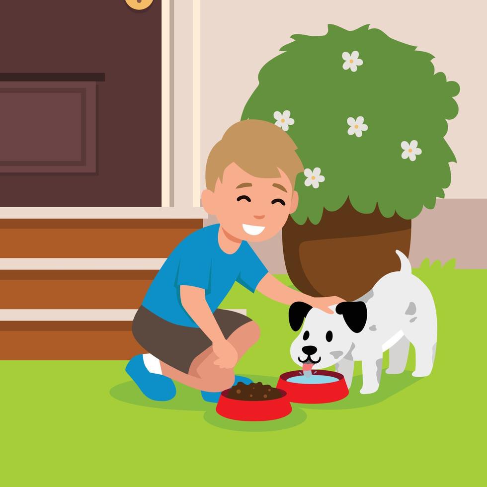 la ilustración vectorial de un niño pequeño le está dando comida a su pequeño perro blanco en un bol vector