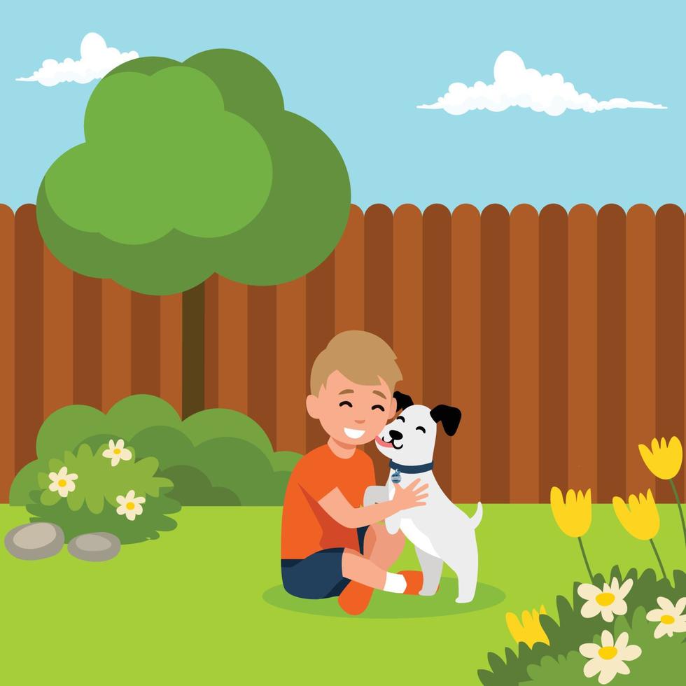 un perrito lamiendo la mejilla de un niño. mejores amigos. ilustración de imágenes prediseñadas de vector de dibujos animados en el patio trasero