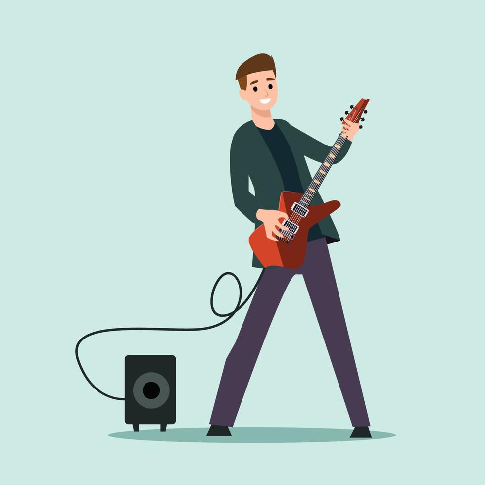 Young boy playing electric guitar rock music isolated character sound vector