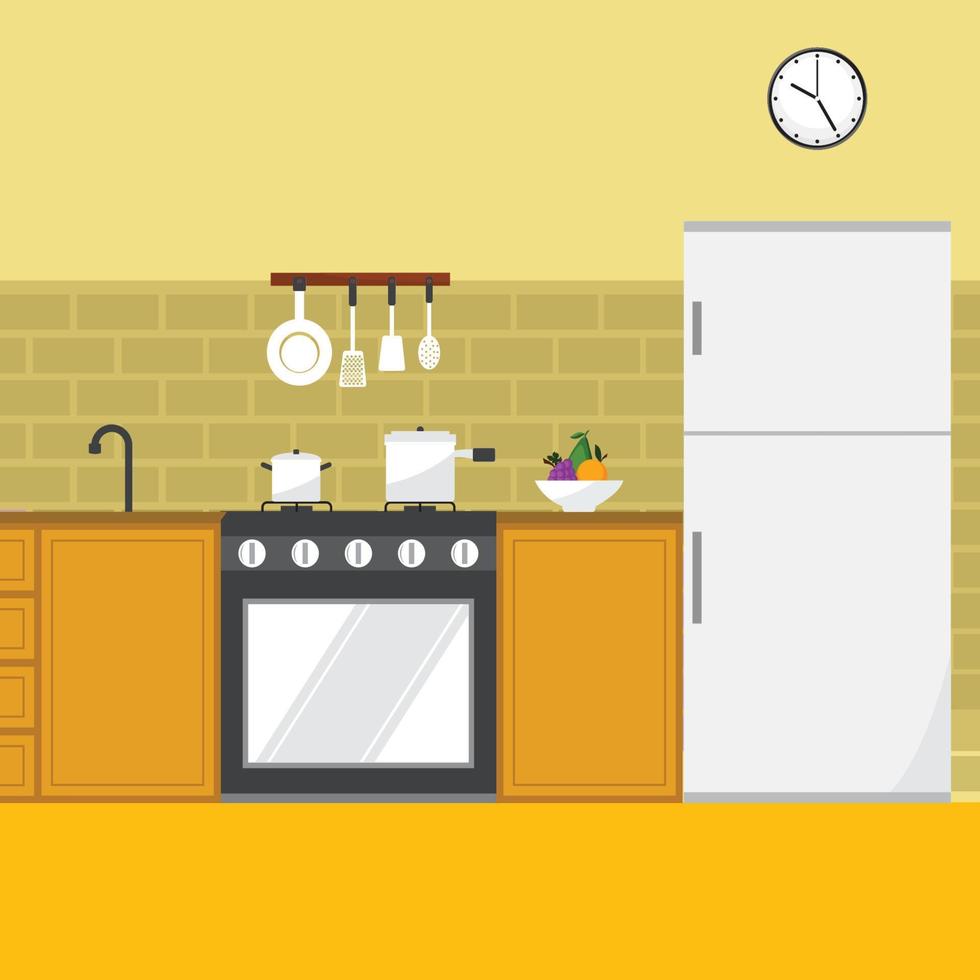 Kitchen interior flat illustration. Vector set in a yellow color scheme