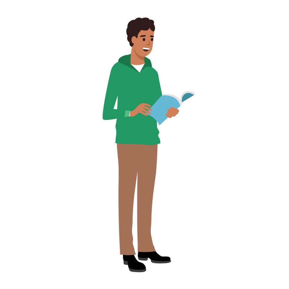 Flat man with home clothes reading book. Concept relax student character, room, day. Vector illustration. isolated on white background