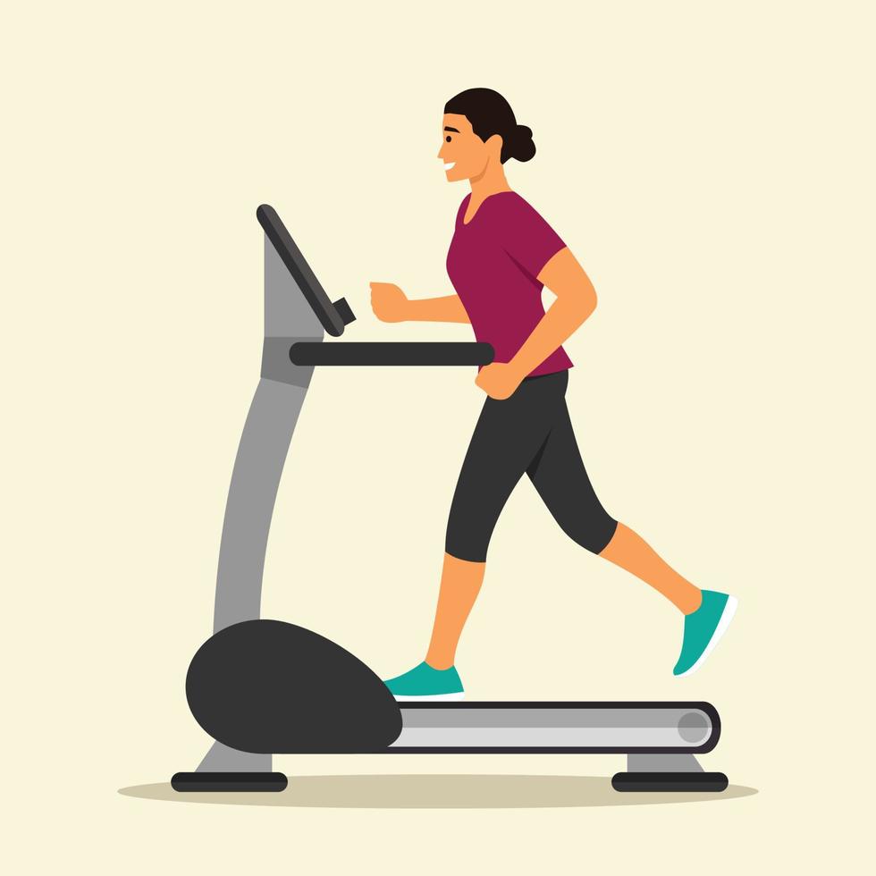 Beautiful woman is running on the treadmill. Flat vector illustration of athletic young girl in the sportswear doing exercise on the treadmill. Indoor fitness concept isolated on white.