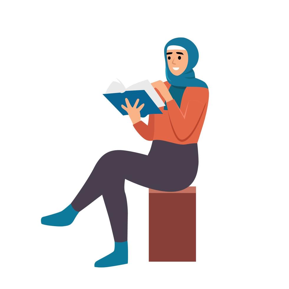 mujer plana con ropa de casa y usando un libro de lectura hijab. concepto relax estudiante carácter, habitación, día. ilustración vectorial aislado sobre fondo blanco vector