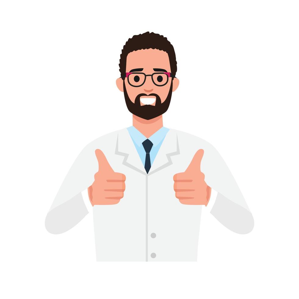 el médico senior feliz muestra un gesto de pulgar hacia arriba genial. una ilustración vectorial de un médico masculino posando vector