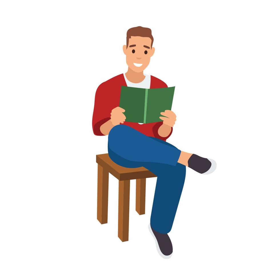 hombre plano con ropa de casa leyendo un libro. concepto relax estudiante carácter, habitación, día. ilustración vectorial aislado sobre fondo blanco vector