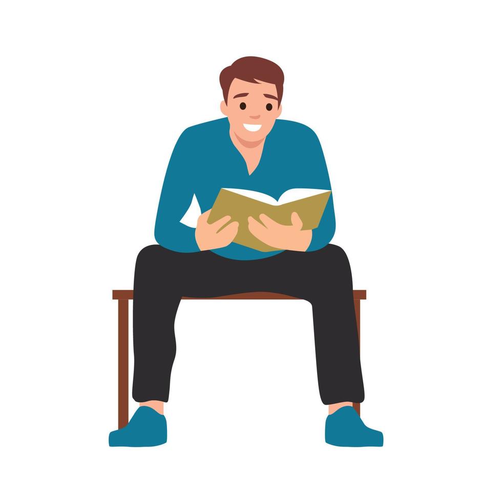 hombre plano con ropa de casa leyendo un libro. concepto relax estudiante carácter, habitación, día. ilustración vectorial aislado sobre fondo blanco vector
