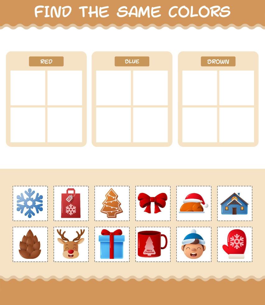 encontrar los mismos colores de navidad. juego de búsqueda y combinación. juego educativo para niños de edad preescolar y niños pequeños vector