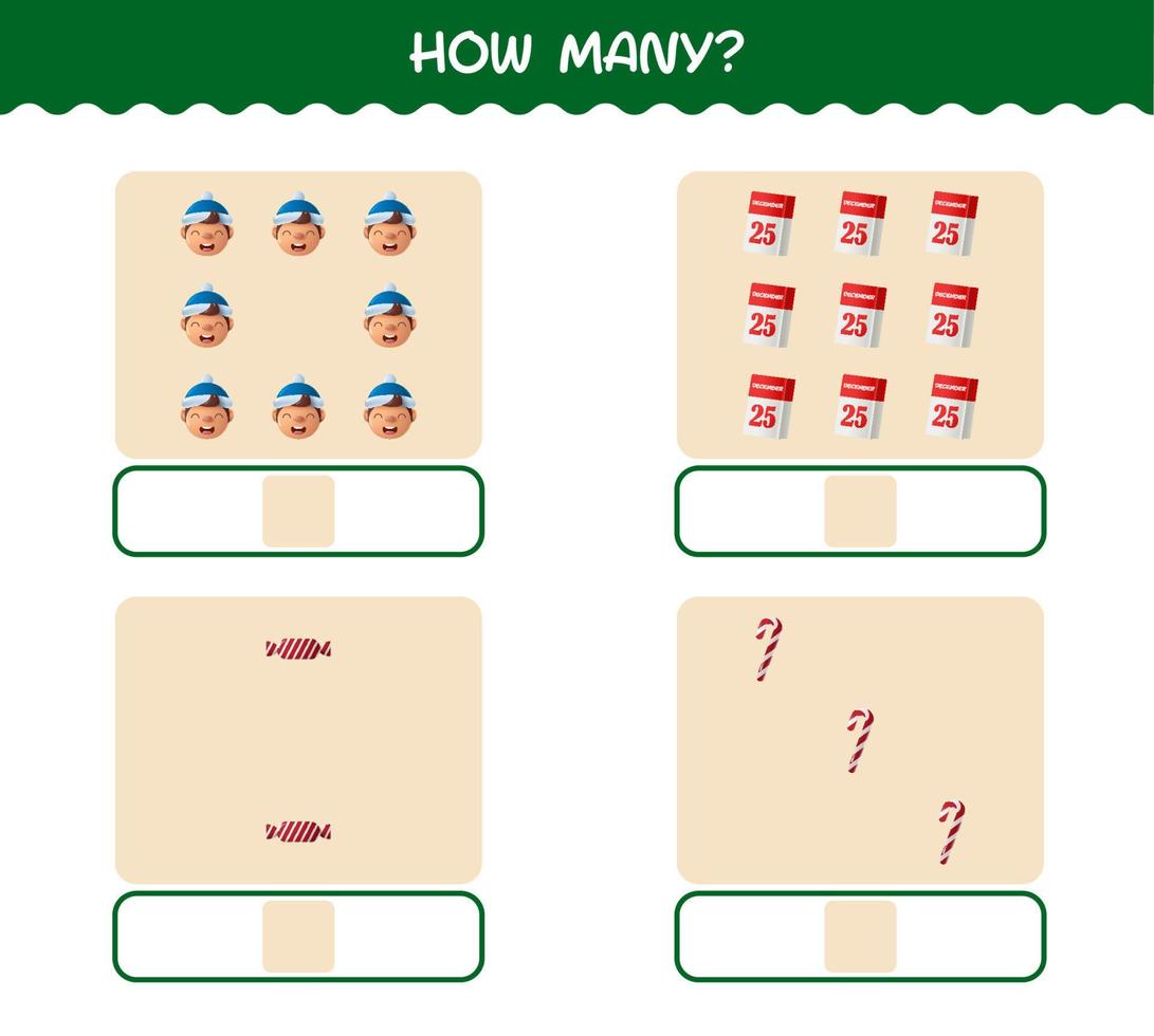 How many cartoon christmas. Counting game. Educational game for pre shool years kids and toddlers vector
