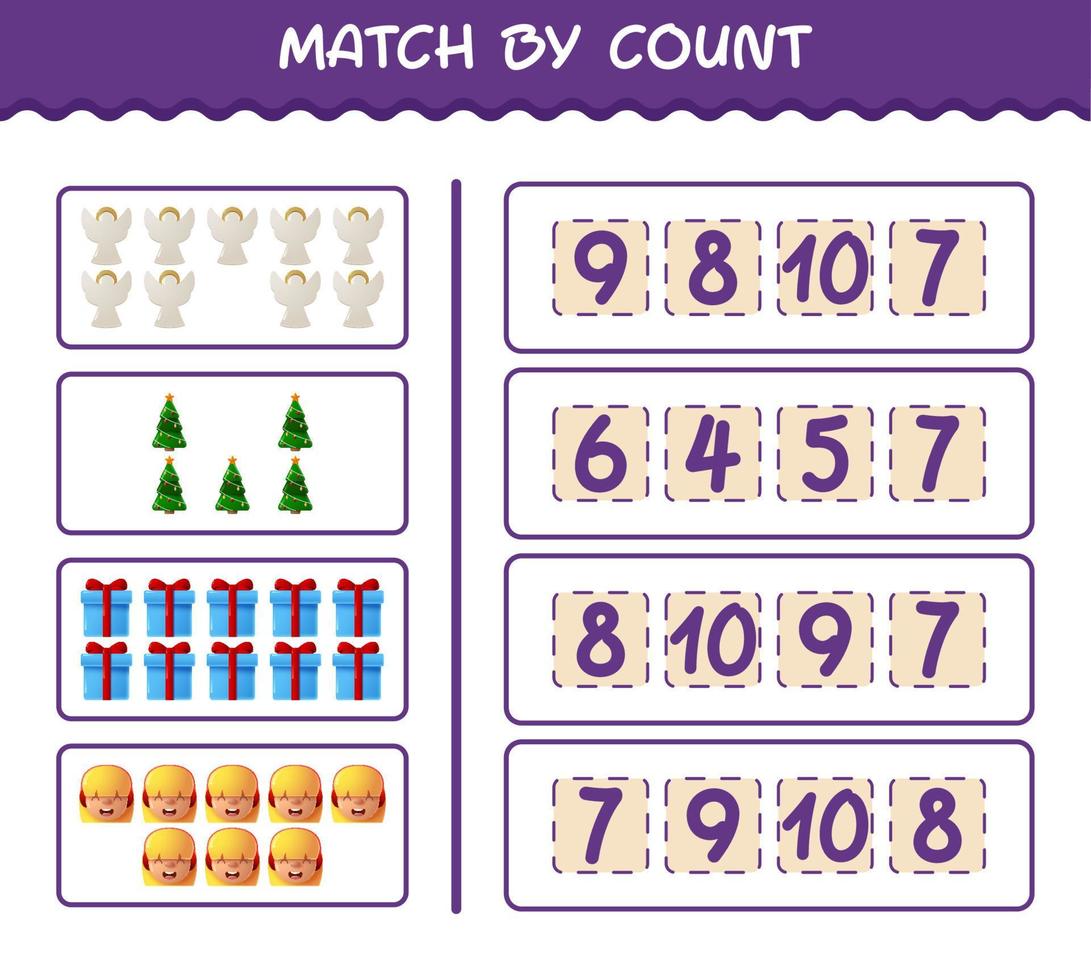 Match by count of cartoon christmas. . Match and count game. Educational game for pre shool years kids and toddlers vector