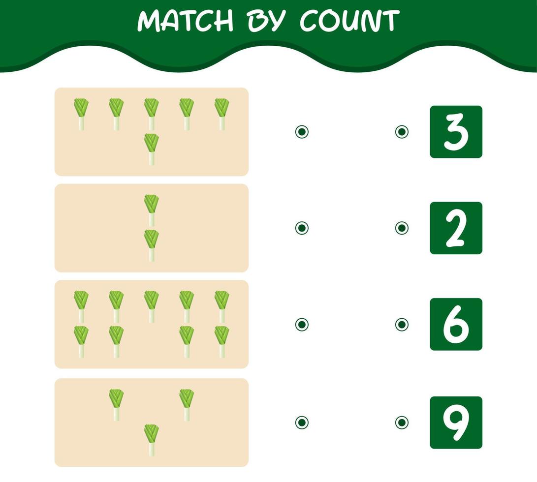 Match by count of cartoon leek. Match and count game. Educational game for pre shool years kids and toddlers vector