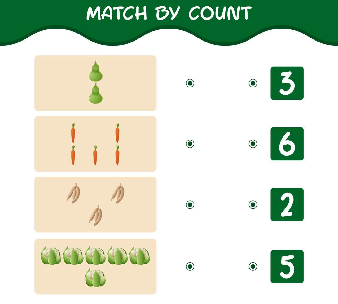 Match by count of cartoon vegetables. Match and count game. Educational game for pre shool years kids and toddlers vector