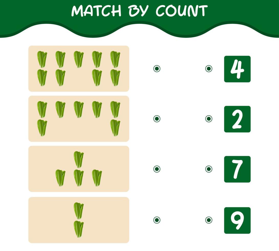 Match by count of cartoon lettuce. Match and count game. Educational game for pre shool years kids and toddlers vector