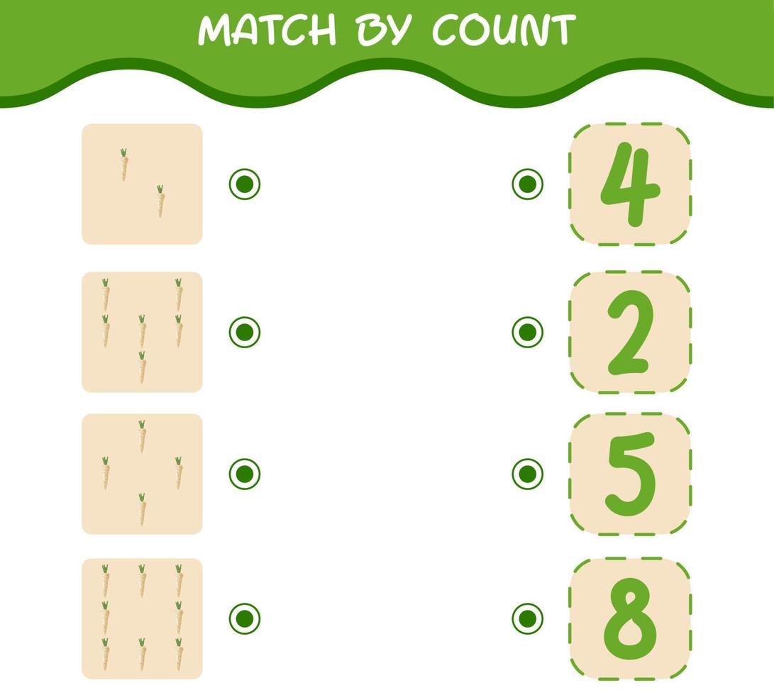 Match by count of cartoon parsnip. Match and count game. Educational game for pre shool years kids and toddlers vector