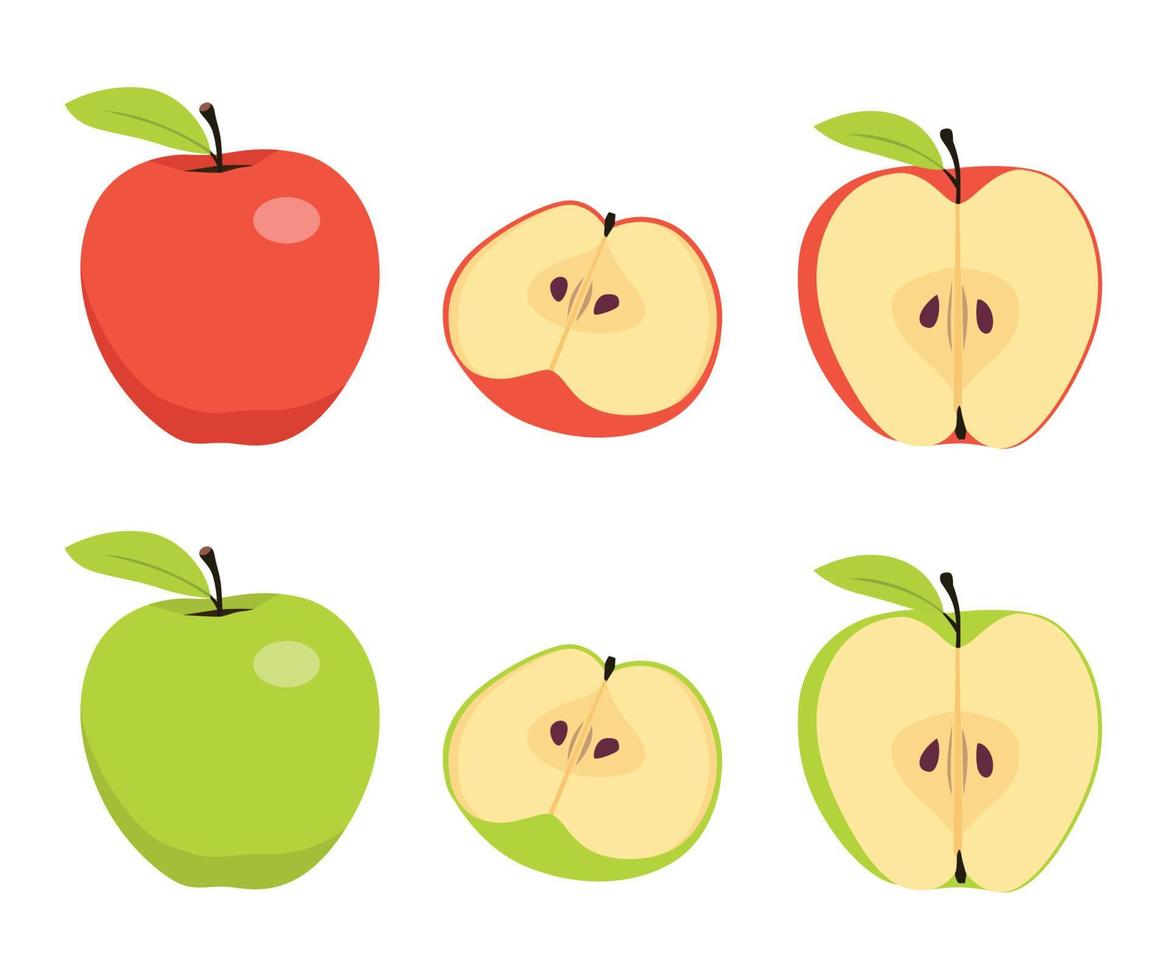 manzanas conjunto de frutos rojos, verdes, mordidos y mitad con hoja. ilustración vectorial aislado vector