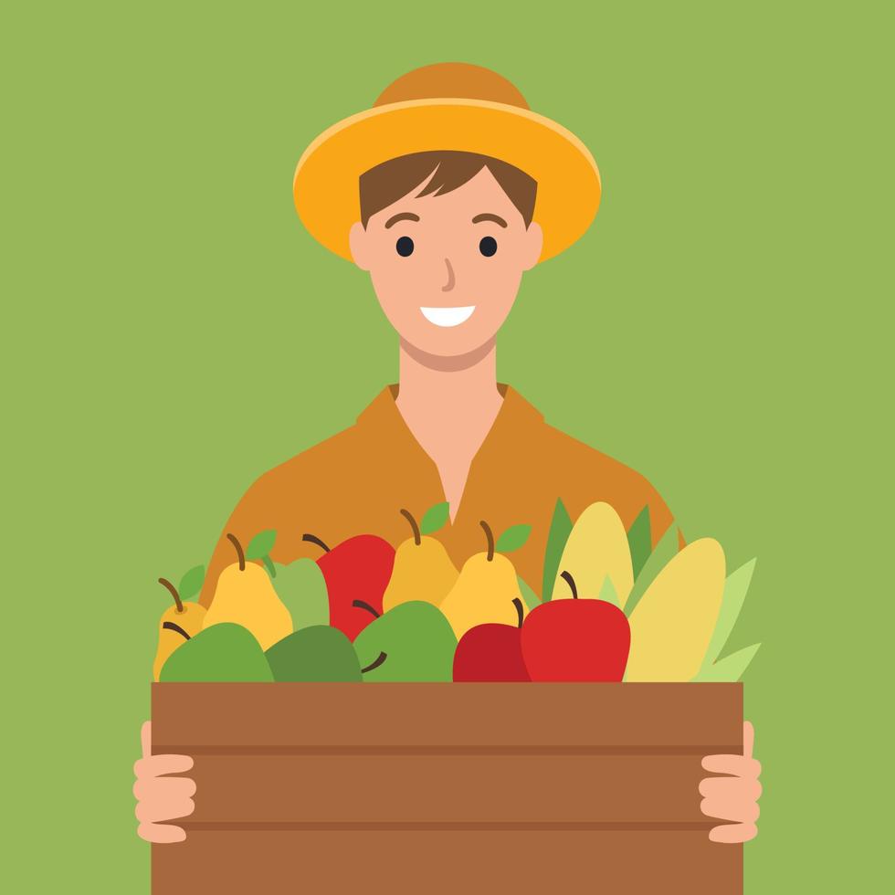 The farmer holds a box of vegetables. Autumn harvest. Farmers market logo. Flat cartoon illustration isolated on white background. Hand drawn vector character. Man farm worker.