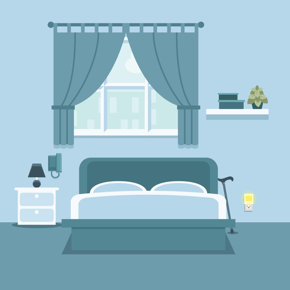ilustración vectorial de un dormitorio con ventana. ilustración de diseño plano, diseñada para anciano con bastón y teléfono de emergencia en el lateral vector