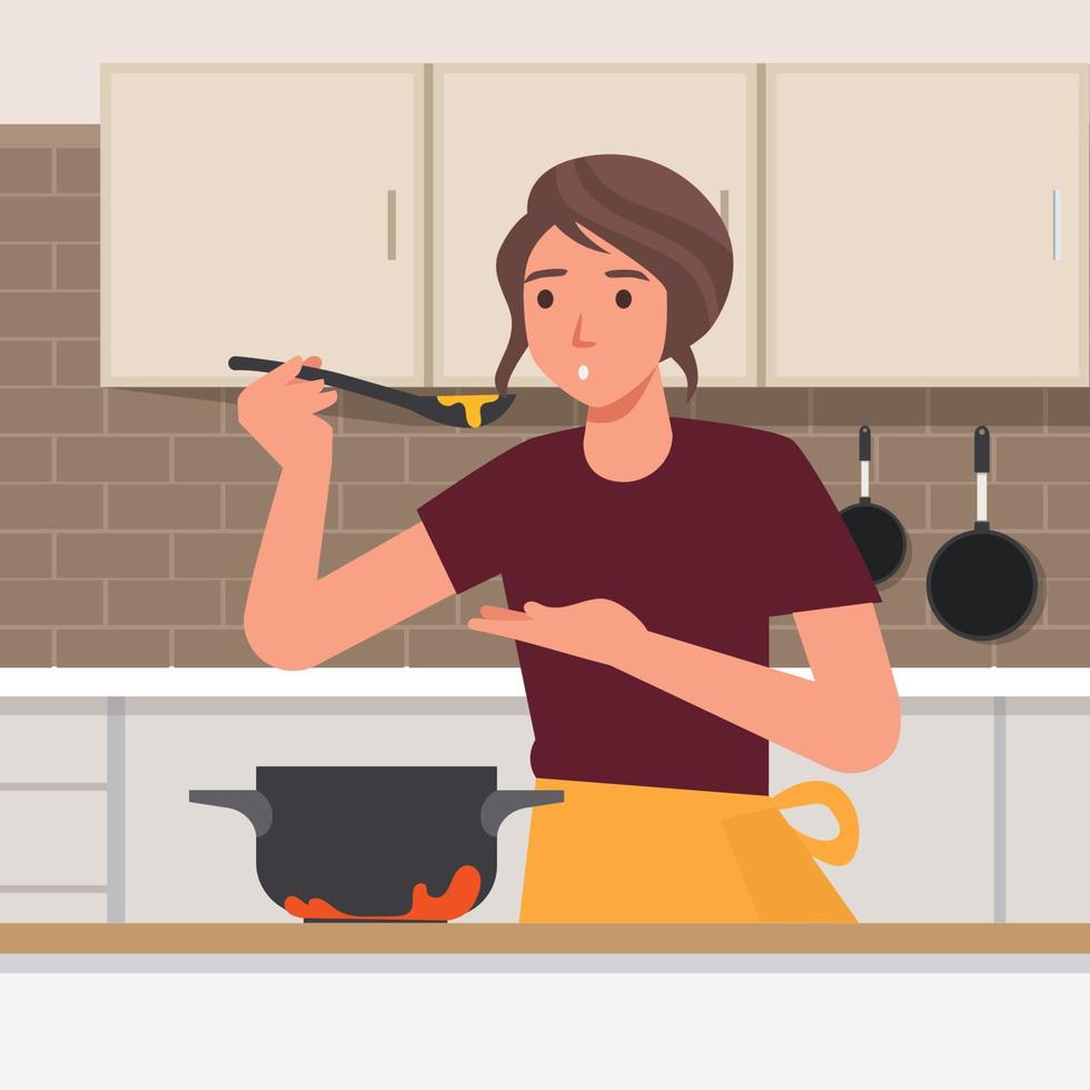 hermosa mujer cocinando en su cocina. lindo personaje de dibujos animados de dama. ilustración vectorial vector