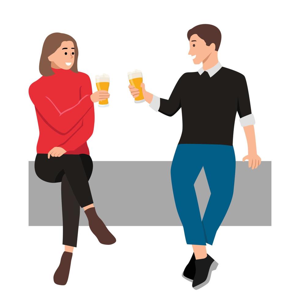 joven pareja feliz brindando con cerveza. ilustraciones de diseño vectorial de estilo dibujado a mano. arte vectorial plano vector