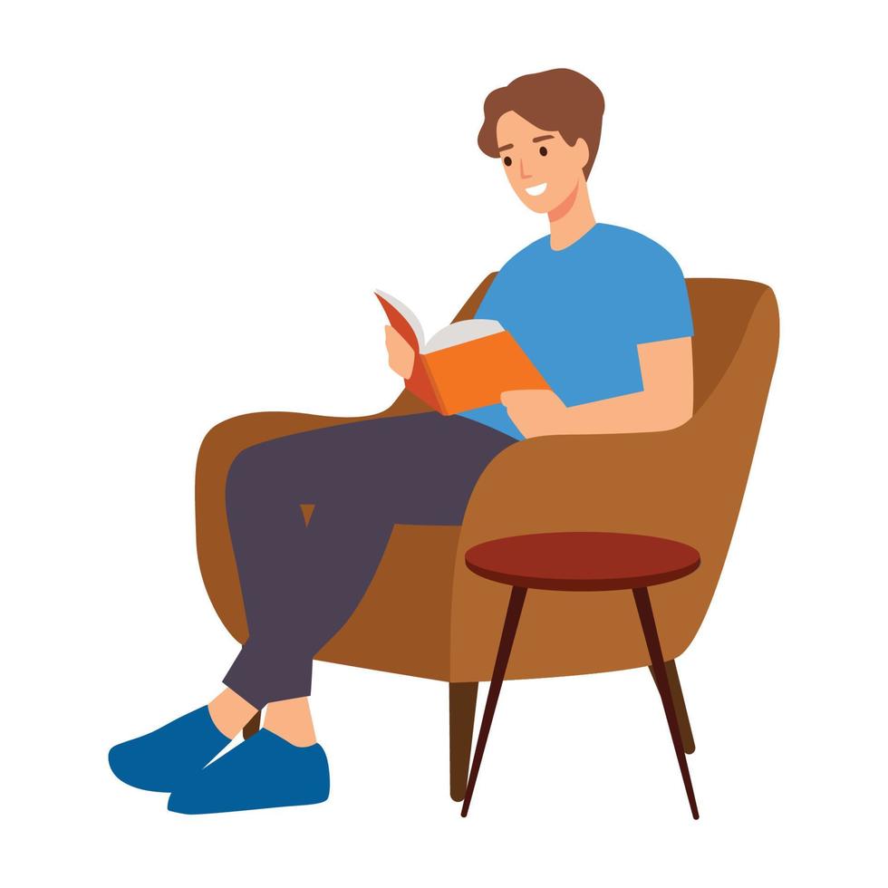 hombre plano con ropa de casa leyendo un libro. concepto relax estudiante carácter, habitación, día. ilustración vectorial aislado sobre fondo blanco vector