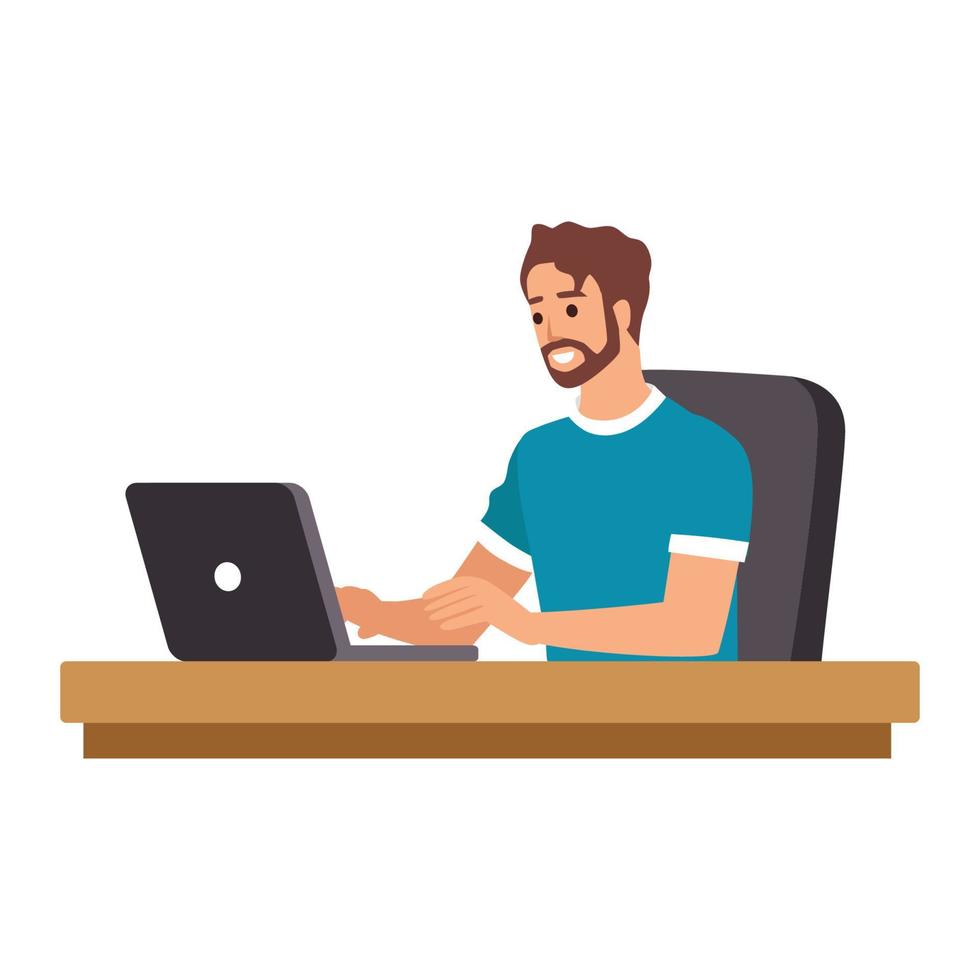 businessman sitting at workplace desk front view business man using computer. process concept creative interior flat horizontal vector