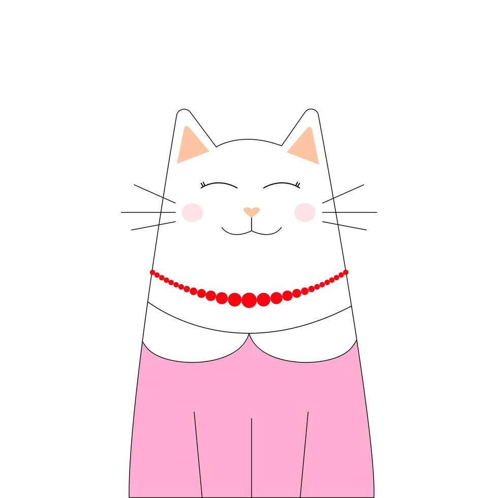 Cute happy cat character. Cartoon white cat in beads and a dress. Print, sticker. Children's illustration. Vector illustration isolated on white background