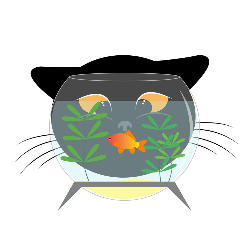 A black cat looks at a goldfish in an aquarium. Cute cartoon character. The cat wants to eat the fish. Print for a T-shirt. Vector illustration isolated on white background for kids