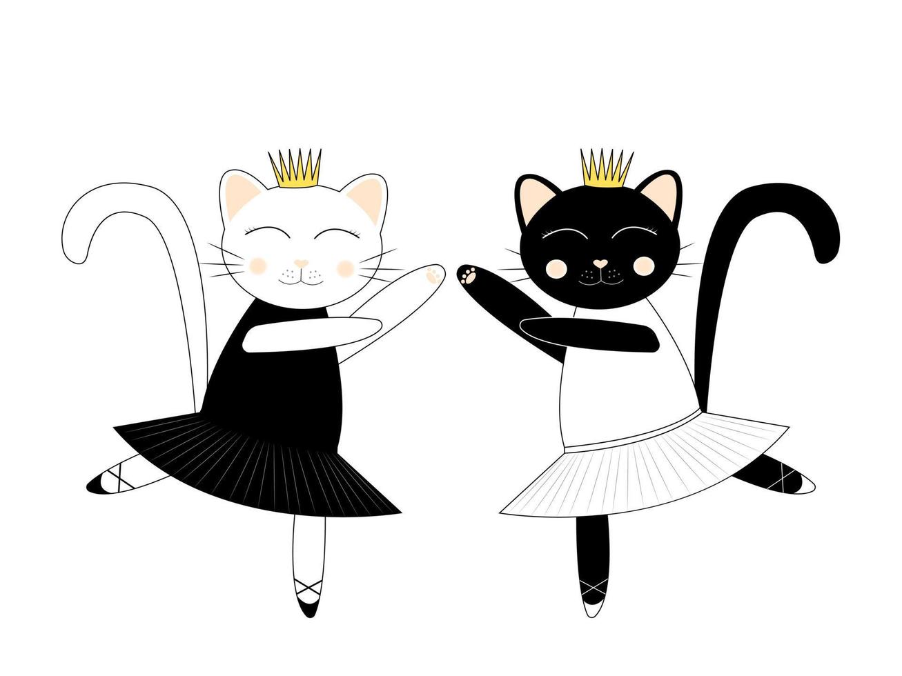 Cute cartoon characters. White and black ballerina cats. Swan Lake ballet. Vector illustration isolated on white background