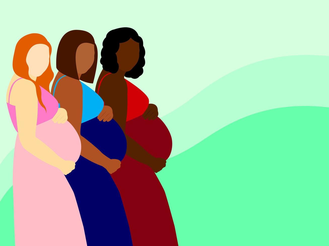 Several pregnant women stand in profile and hold their large bellies. The concept of motherhood, equality, and family. Vector graphics.