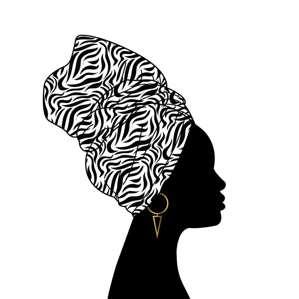 retrato vectorial hermosa mujer africana con turbante tradicional, envoltura de cabeza kente, estampado dashiki, silueta vectorial de mujer afro negra batik africano, decoración étnica de tela de cebra, logotipo del concepto de peinado vector