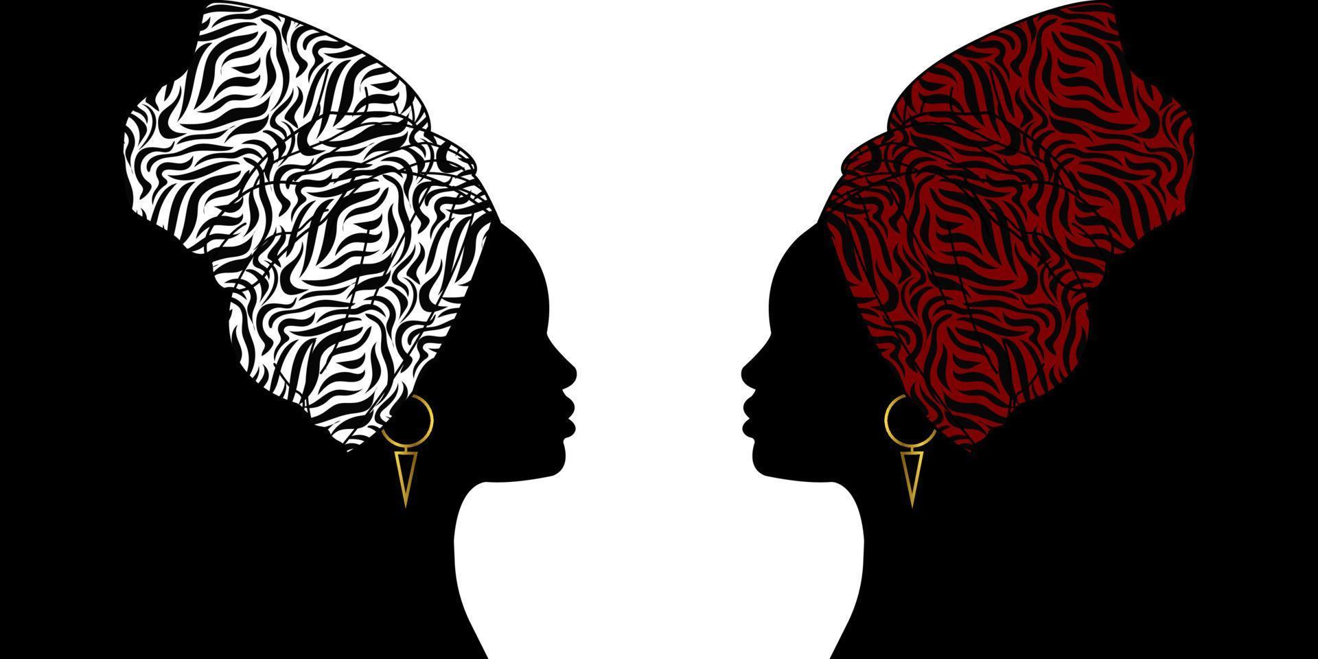 retrato de dos hermosas mujeres afro. Turbante tradicional africano shenbolen ankara para mujer, pañuelo para la cabeza kente, envolturas para la cabeza, diseño de tela tribal africana vector